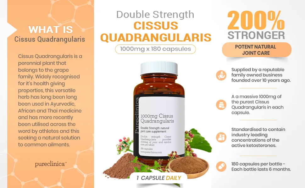 Double Strength Cissus Quadrangularis 1000mg x 180 Veggie Capsules -Up to 6 Months Supply 180 Count (Pack of 1) - Cissus Quadrangularis