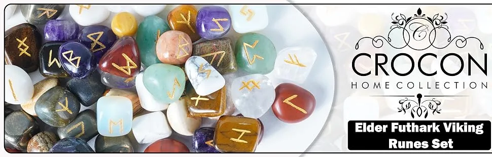 Crocon Clear Quartz Gemstone Rune Stone with Elder Futhark Alphabet Engraved Symbol 25 pcs Set | Size: 15-20 mm | With a pouch & rune brochure - rune stones healing reiki reading gemstone crystal love runes gems