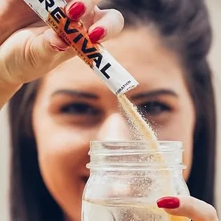 Revival Rapid Rehydration Electrolytes Powder - High Strength Vitamin C B1 B3 B5 B12 Supplement Sachet Drink Effervescent Electrolyte Hydration Tablets - 12 Pack Orange 12 Servings (Pack of 1) Orange Burst - Revival electrolyte powder powder hydration tablets drink rehydration packets