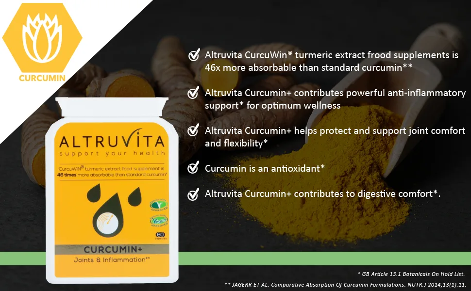 Altruvita Curcumin+ | 500mg | 60 Days Supply | 46 x more absorbable | Protect & support joint comfort and flexibility | 60 Vegan Capsules - curcumin, curcumin tumeric, curcumin turmeric, curcumin with turmeric, turmeric curcumin, curcumin+