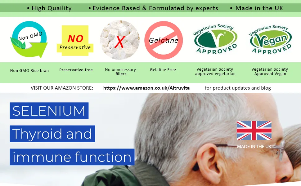 Altruvita Selenium | 100 g | 60 Days Supply | Maintain normal function of Thyroid & immune function | Maintain normal Hair & Nails | 60 Vegan Capsules - Selenium; altruvita; health supplements; vitamins; vitamin; food supplement; curcumin;
