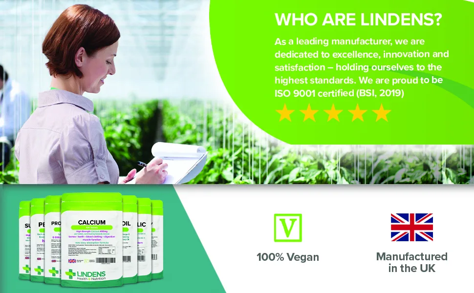 Lindens Calcium 400mg Tablets with Vitamin D3-100 Tablets - Contributes to Normal Muscle Function Bones Teeth and Digestion - 50 Days - UK Manufacturer Letterbox Friendly - Call out banner 2 - lindens