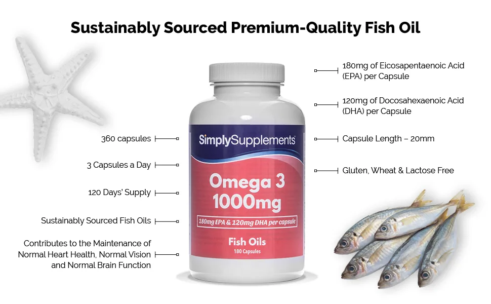Omega 3 Fish Oil 1000mg Capsules | 360 Capsules | Providing EPA & DHA | Manufactured in The UK - S4002