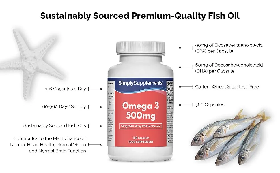 Omega 3 500 milligrams | Providing EPA & DHA | 2 x 180 Capsules | Manufactured in The UK - S1552