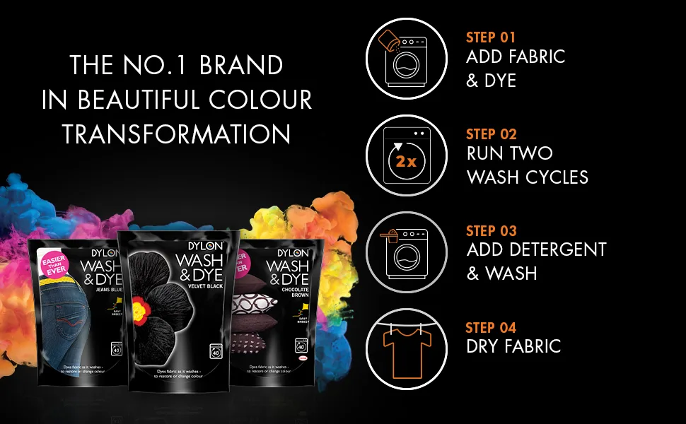 Dylon Wash & Dye Fabric Dye for Clothes & Soft Furnishings - Intense Black / Velvet Black - range & how to use