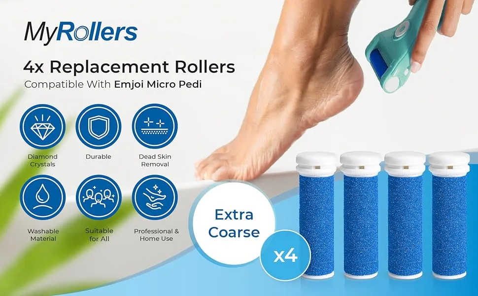 4 x Extra Coarse Blue Replacement Rollers Compatible with Emjoi Micro Pedi - Electric Foot File Roller Heads for Rough Dry and Callused Feet - pedicure rollers replacement