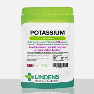 Lindens Potassium 200mg Tablets with 50mg Vitamin C - 100 Tablets - Contributes to Normal Blood Pressure Muscle Function and Nervous System Function - UK Manufacturer Letterbox Friendly 100 Count (Pack of 1) - Lindens potassium tablets