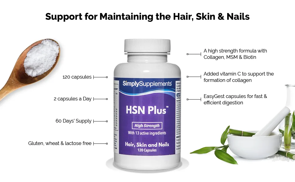 Hair Skin & Nails Plus | 120 Capsules | Includes MSM & Collagen | Manufactured in The UK - E6192