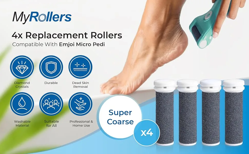 4 x Super Coarse Micro Mineral Replacement Rollers Compatible with Emjoi Micro Pedi - pedicure rollers replacement
