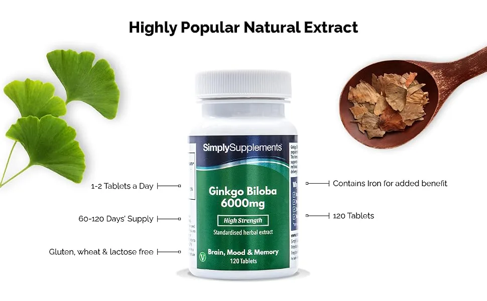 Ginkgo Biloba 6000mg | 120 Tablets | Vegan & Vegetarian Friendly | Manufactured in The UK - E4032