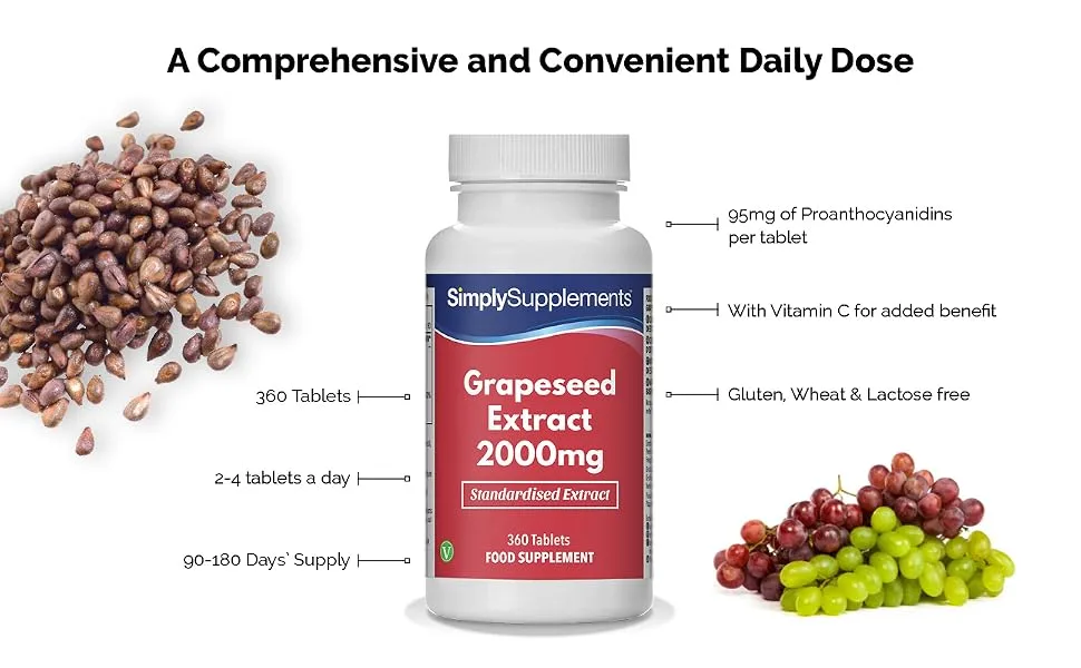 Grapeseed Extract 2000mg | 360 High Strength Grapeseed Tablets with Added Vitamin C | Vegan & Vegetarian Friendly | Manufactured in The UK - E3712
