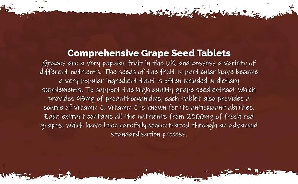 Grapeseed Extract 2000mg | 360 High Strength Grapeseed Tablets with Added Vitamin C | Vegan & Vegetarian Friendly | Manufactured in The UK - E3713