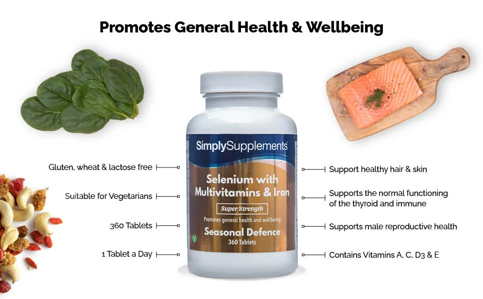 Selenium 220mcg with Multivitamins & Iron | 100% NRV | 360 Tablets | Vegetarian Friendly | for a Healthy Immune System | Manufactured in The UK - E2082
