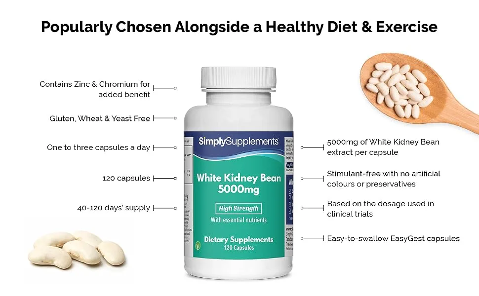 White Kidney Bean Extract Capsules 5000mg |120 Capsules | Manufactured in The UK - E6372