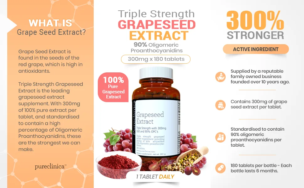 Triple Strength Grape Seed Extract - 300mg x 360 tablets (2 Bottles of 180) -12 months supply! - High strength Grapeseed