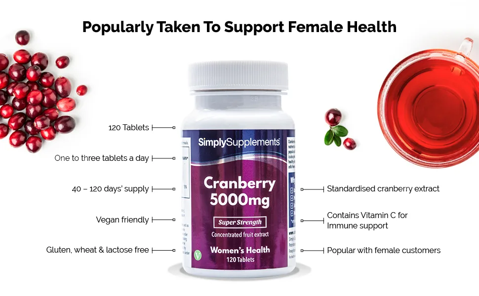 Cranberry Tablets 5000mg with Vitamin C for Immune Support - 120 Tablets - Herbal Supplement - 1 Pot - E5572
