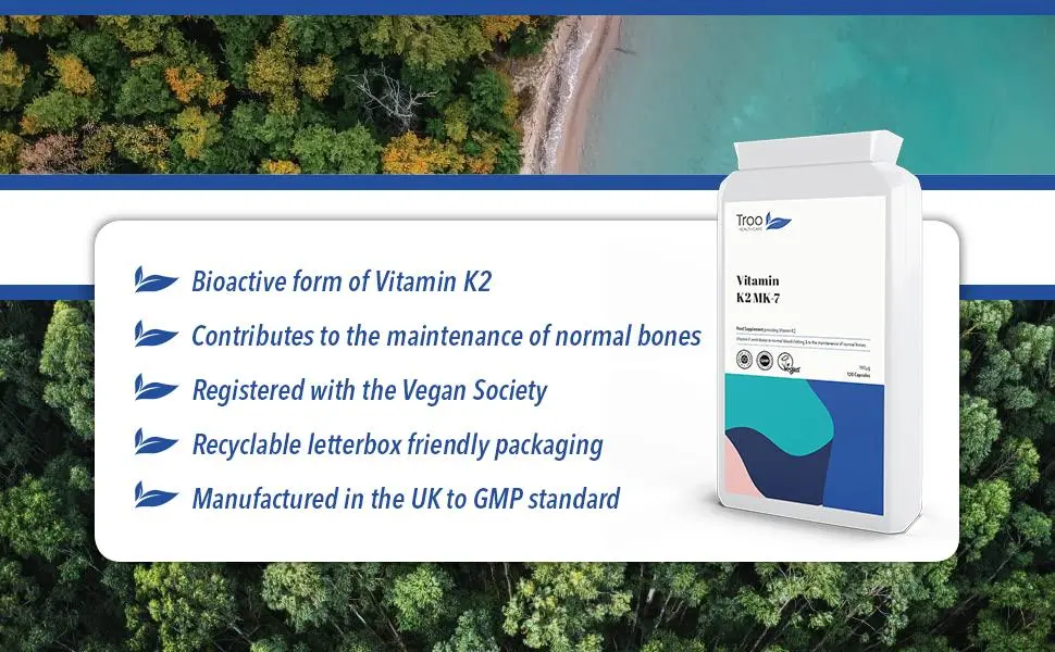 Troo Vitamin K2 MK-7 100mcg 120 Capsules - Highly Bioactive Vit K2 Bone Support Supplement Using MK7 - Easy Swallow - Suitable for Vegans - 4 Month Supply - vit k supplement