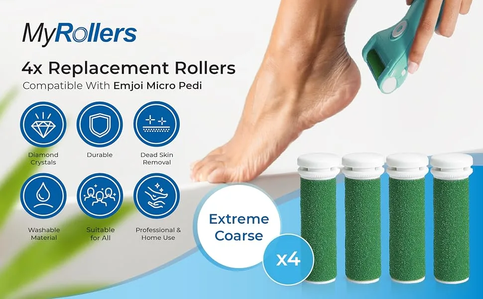 4 x Extreme Coarse Green Replacement Rollers Compatible with Emjoi Micro Pedi - pedicure rollers replacement