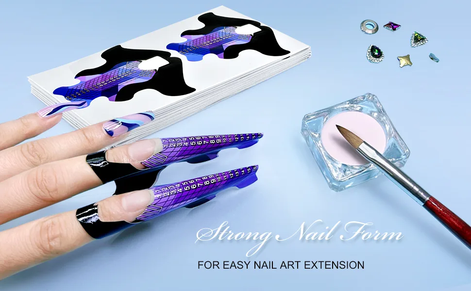 100pcs Extra Long Adhesive Stiletto Nail Forms Guide for UV Gel Acrylic Curve False Nail Tips Extension Fish Pattern HJ-NTF049 - nail form forms acrylic nails gel sticker builder c curve extension long extra tips guide