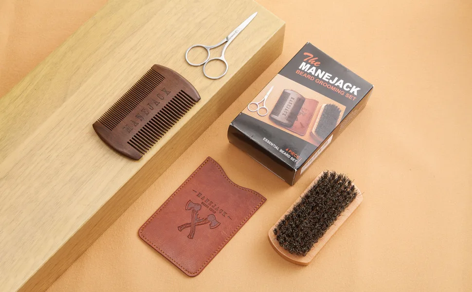MANEJACK Boar Bristle Beard Brush & Comb Kit with Mustache Scissors- Perfect Beard Care Set for Grooming & Styling Adds Shine & Softness - Beard Grooming Set
