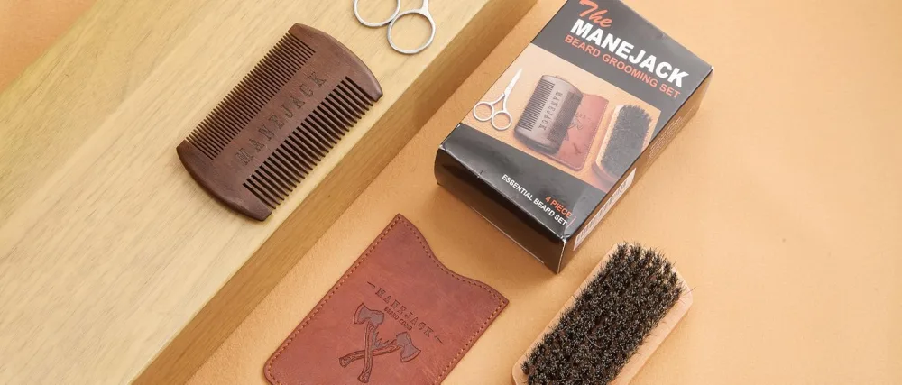 MANEJACK Boar Bristle Beard Brush & Comb Kit with Mustache Scissors- Perfect Beard Care Set for Grooming & Styling Adds Shine & Softness - wooden beard brush and comb for men grooming styling detangling