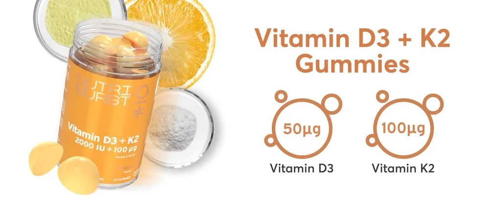Nutriburst Vitamin D3 (2000IU) + K2 (100 g) - Essential Nutrients to Support Bone Health Skeletal Function & Immune Function - Vegan Sugar Free Supplement - 60 Lemon Gummies - 1 Month Supply Vitamin D3 + K2 60 count (Pack of 1) - vitamin d3 k2