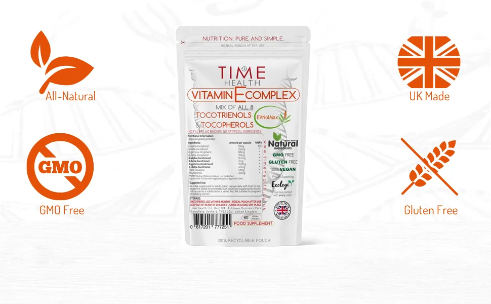 Vitamin E Complex - All 8 E Tocopherols & Tocotrienols - 60 Pullulan Capsules - Plant-Based & Whole Food - Orangutan Friendly - Vegan - No Fillers Binders or Flow Agents (60 Capsule Pouch) - Vitamin E
