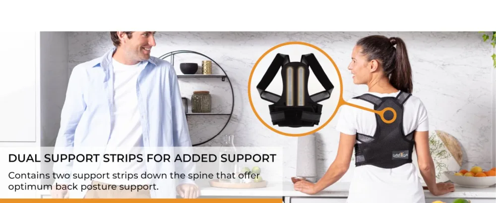 LyfeFocus S1 Premium Breathable Back Posture Corrector for Men & Women - Upper Back Support Back Brace & Back Straightener - Effective Posture Correction for Neck Shoulder & Back Pain (Black Medium) Black M (Pack of 1) - Dual Support Strips for Added Support