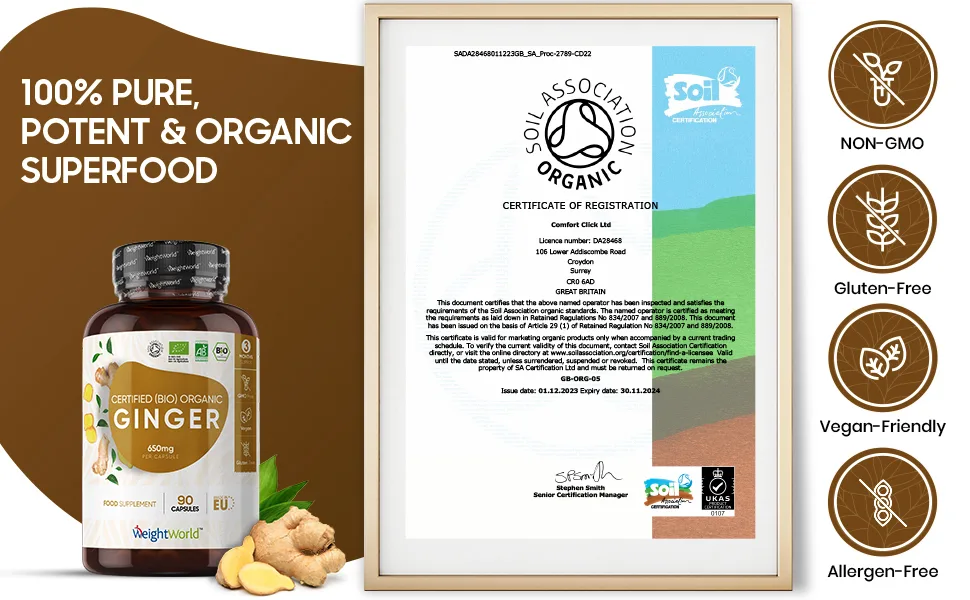 Organic Ginger Supplement - High Strength 1300mg - Soil Association Certified - 2 Ginger Root Capsules Per Serving - Vegan Joint & Digestion Supplement - organic dry ginger root extract capsules