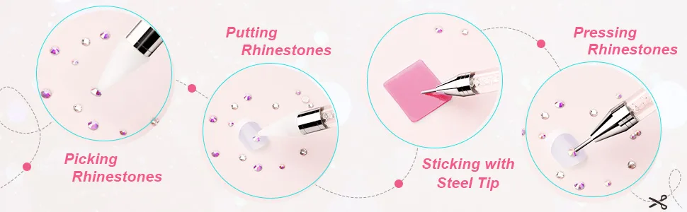 Dual-Ended Nail Rhinestone Picker Dotting Pen with Extra 2 Wax Head FITDON Wax Tip Pencil for Jewel Gems Crystals Studs Pickup Clear - Rhinestones Picker
