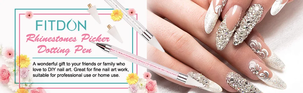 Dual-Ended Nail Rhinestone Picker Dotting Pen with Extra 2 Wax Head FITDON Wax Tip Pencil for Jewel Gems Crystals Studs Pickup Clear - Rhinestones Picker