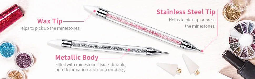 Dual-Ended Nail Rhinestone Picker Dotting Pen with Extra 2 Wax Head FITDON Wax Tip Pencil for Jewel Gems Crystals Studs Pickup Clear - Rhinestones Picker