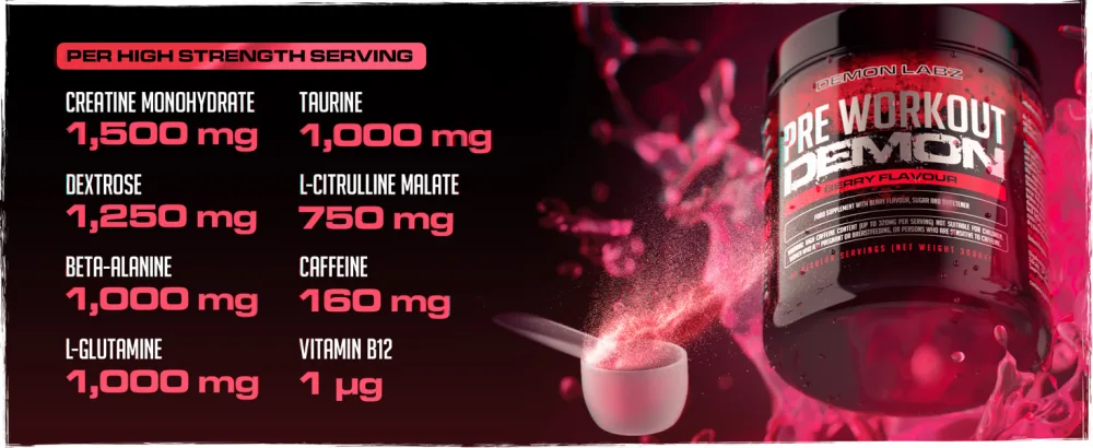 Pre Workout Demon - Hardcore Pre-Workout Powder Supplement with Creatine Caffeine Beta-Alanine and Glutamine (Berry 360g) Berry 40 Servings (Pack of 1) - PHSS