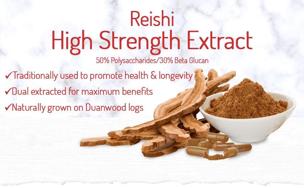 Reishi (Ganoderma lucidum) - High Strength 50% Polysaccharides / 30% Beta 1 3/1 6 D Glucan - Dual Extracted - UK Manufactured - Zero Additives - Pullulan (120 Capsule Pouch) - Reishi HS Capsules