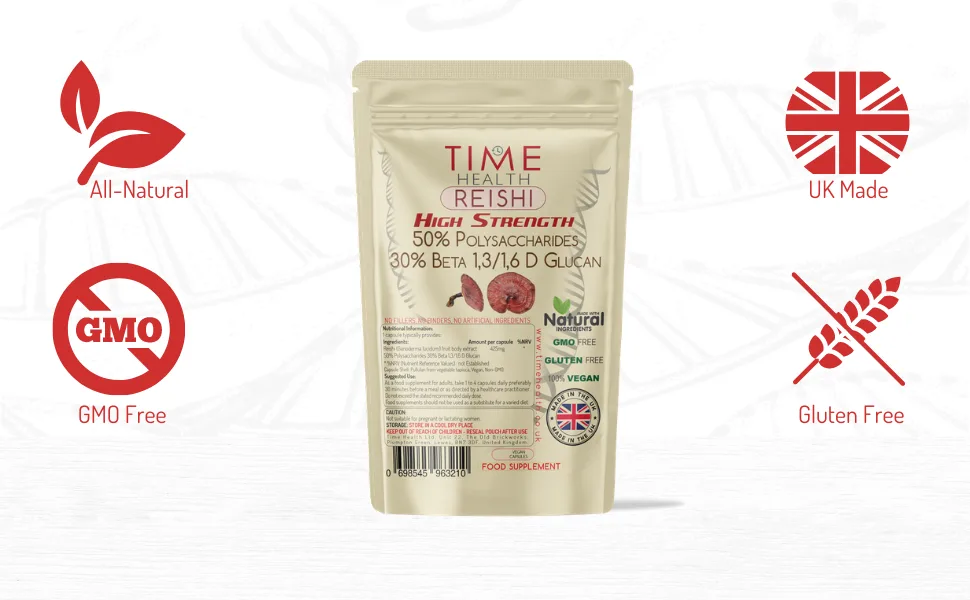 Reishi (Ganoderma lucidum) - High Strength 50% Polysaccharides / 30% Beta 1 3/1 6 D Glucan - Dual Extracted - UK Manufactured - Zero Additives - Pullulan (60 Capsule Pouch) 60 Count (Pack of 1) - Reishi High Strength