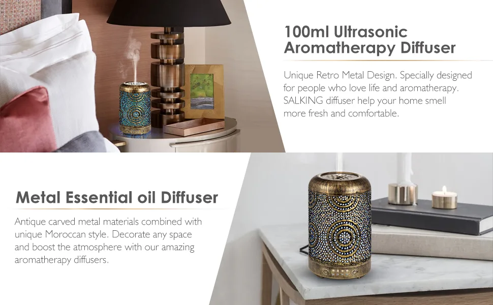 Aromatherapy Diffusers SALKING 100ml Metal Essential Oils Diffuser Humidifiers with 7 Colorful LED Lights Timer and Waterless Auto-Off for Home Decor Office Bedroom for Women - product information 24