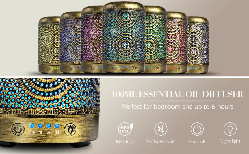 Aromatherapy Diffusers SALKING 100ml Metal Essential Oils Diffuser Humidifiers with 7 Colorful LED Lights Timer and Waterless Auto-Off for Home Decor Office Bedroom for Women - product information 25