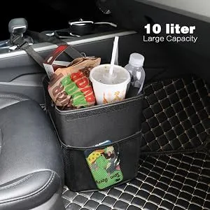 PowerTiger Car Rubbish Bin with Lid Auto Trash Bag Garbage Recycle Bin with 3 Mesh Pocket Black 10 L Capacity 10L - carbin6