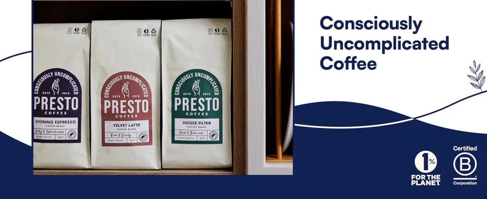 Presto Coffee House Filter Speciality Coffee Beans 1kg Medium Roast Tasting Notes Sweet Cocoa and Peanuts Rainforest Alliance Certified 100% Arabica - v60 dripper caffeine caffe Nero starbucks filters latte velvet eveneing espresso decaf maxwell house
