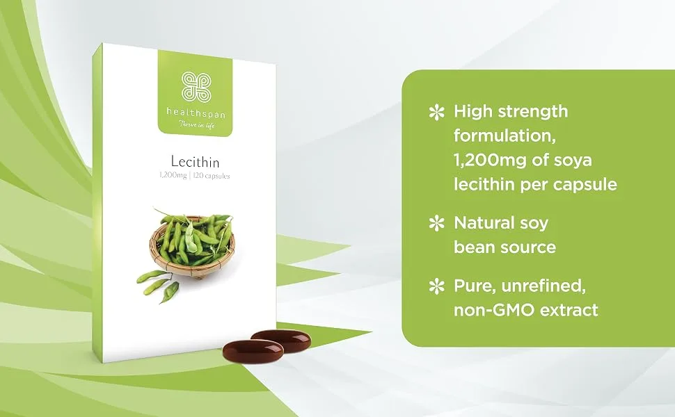 Healthspan Lecithin 1 200mg (2 Months' Supply) | Beneficial Effect on Fat Digestion & Liver Function | Non-GMO & Natural Soy Bean Source | High Strength Formulation - Key Points