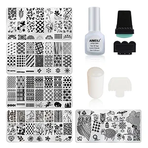 AIMEILI Nail Art Stamping Templates Manicure Tool Kit 5Pcs Nail Stamping Plates 2 Stamper 2 Scraper 1 Latex Peel Off Tape - product information 14
