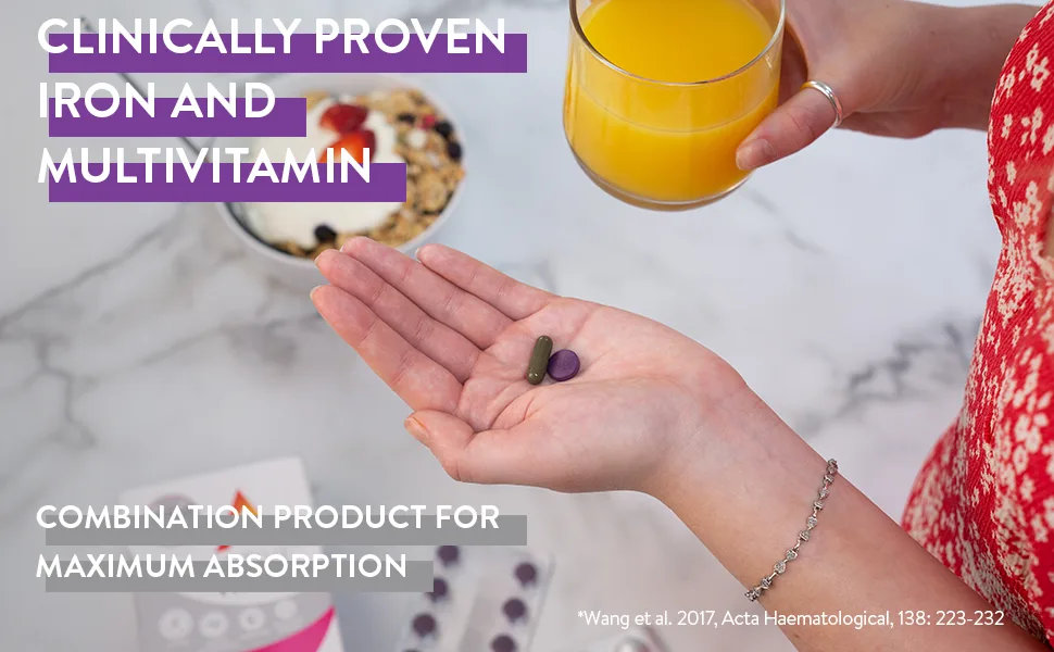 Active Iron Women with Active Multivitamin | 30 Iron Capsules & 30 Active Multivitamins | Iron Supplement | High Strength B Vitamins | Non-Constipating | 1-Month Supply - A+ content banner image 970x600