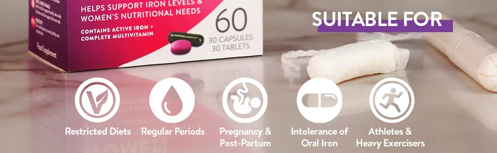 Active Iron Women with Active Multivitamin | 30 Iron Capsules & 30 Active Multivitamins | Iron Supplement | High Strength B Vitamins | Non-Constipating | 1-Month Supply - Womens banner image long bottom