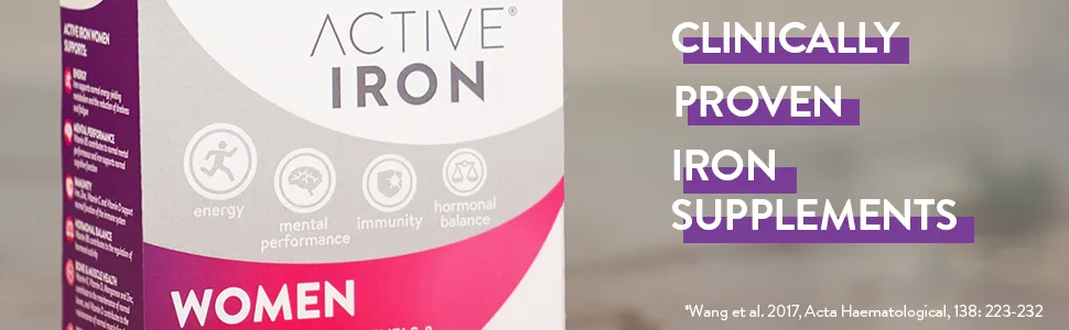 Active Iron Women with Active Multivitamin | 30 Iron Capsules & 30 Active Multivitamins | Iron Supplement | High Strength B Vitamins | Non-Constipating | 1-Month Supply - Womens banner image long middle