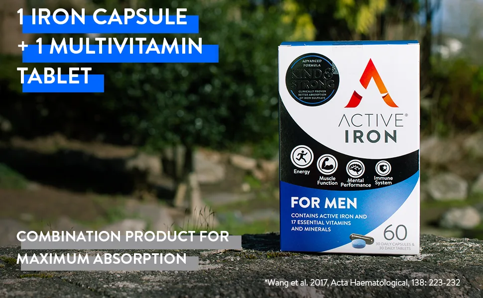 Active Iron Men | 30 Iron Capsules & 30 Multivitamin Tablets | Iron Supplement with Zinc Vitamin C D and High Dose B Vitamins | 1-Month Supply - AMencontent