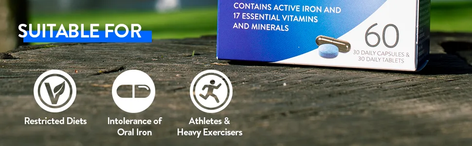 Active Iron Men | 30 Iron Capsules & 30 Multivitamin Tablets | Iron Supplement with Zinc Vitamin C D and High Dose B Vitamins | 1-Month Supply - Mens banner image long BOTTOM