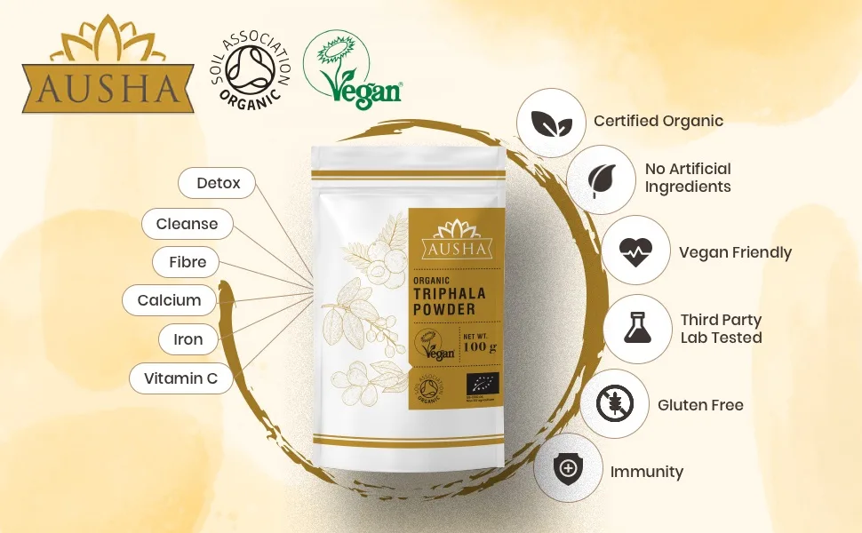 Ausha Organic Triphala Powder - 250g l Certified Organic by Soil Association - Triphala powder organic