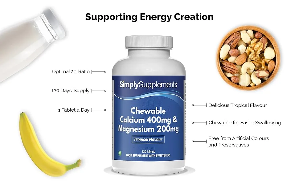 Chewable Calcium & Magnesium Tablets (120 Tablets) | Delicious Tropical Flavour | Vegan & Vegetarian Friendly | Crucial Nutrients for Bones & Muscles | Optimal 2:1 Ratio - E1132
