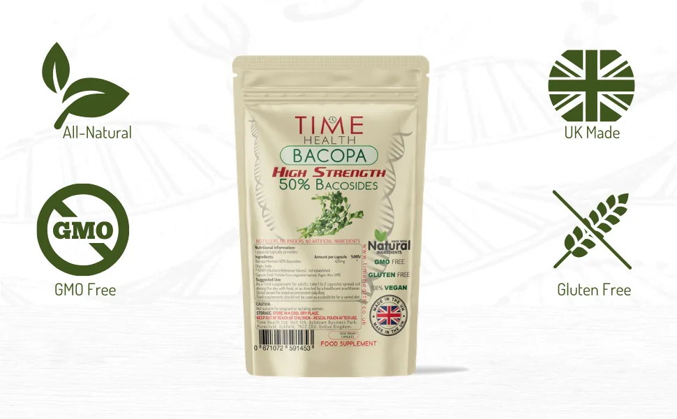 Bacopa Monnieri High Strength 50% bacosides - Zero Additives - Pullulan (120 Capsule Pouch) - Bacopa Monnieri