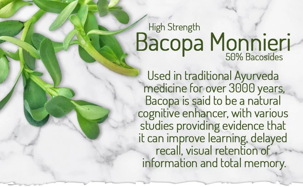 Bacopa Monnieri High Strength 50% bacosides - Zero Additives - Pullulan (60 Capsule Pouch) - Bacopa Monnieri